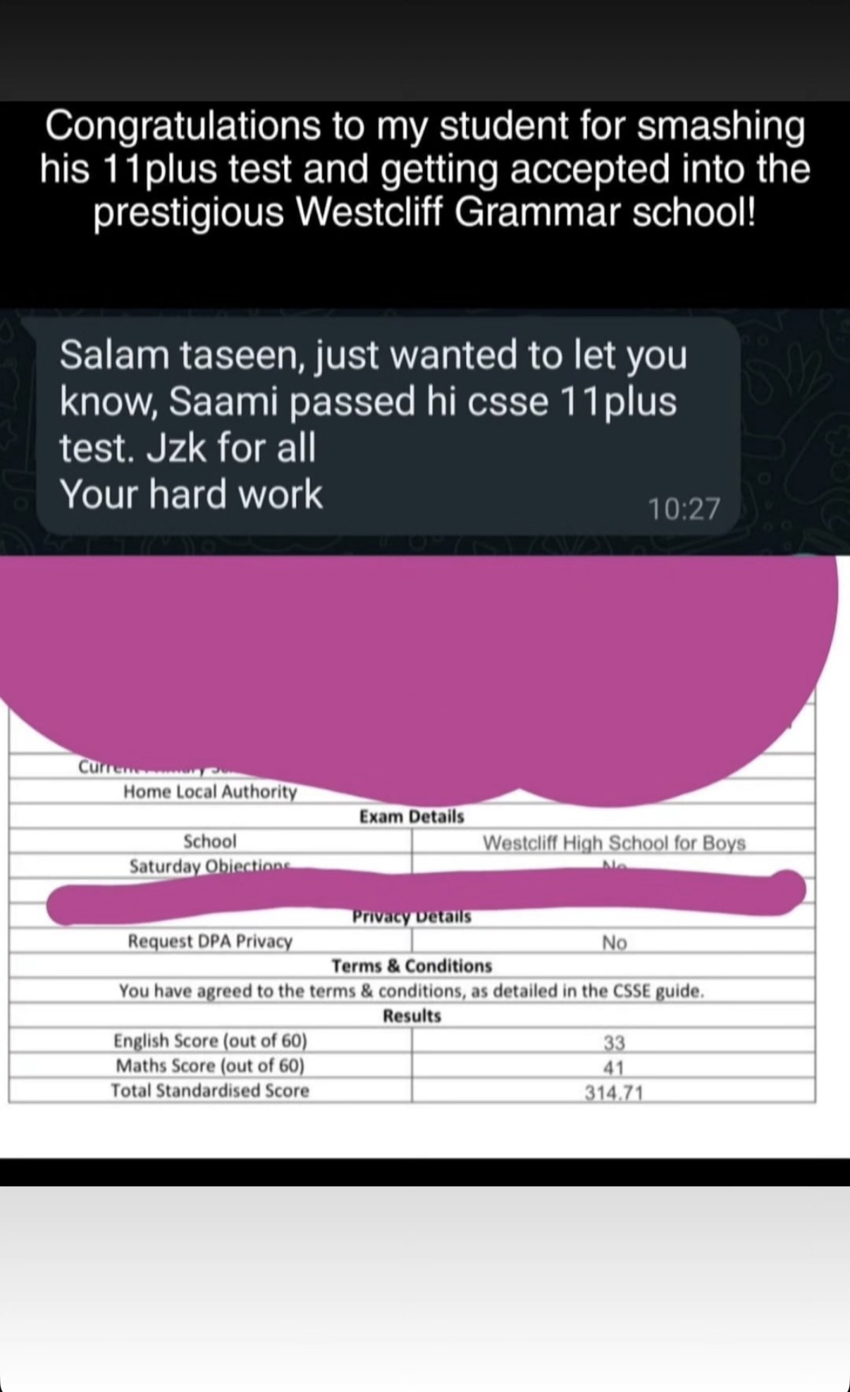 Saami — passed 11+ CSSE & accepted into Westcliff Grammar School