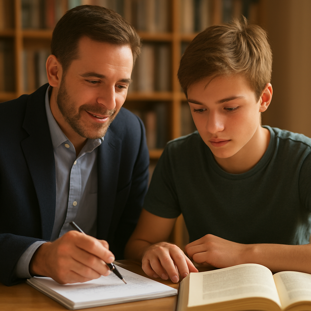 A Yasmin Tutors tutor guiding a student through study notes at a desk